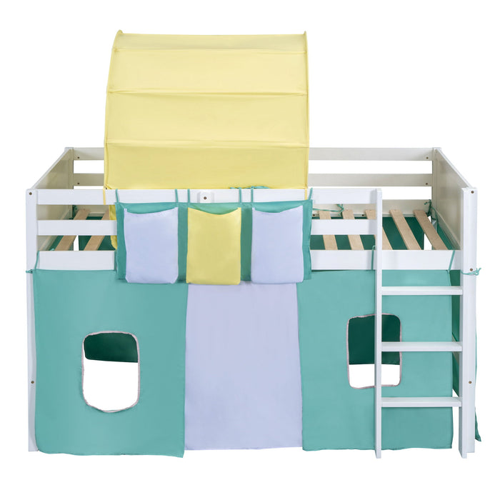 Twin Size Loft Bed With Tent And Tower And Three Pockets - Green