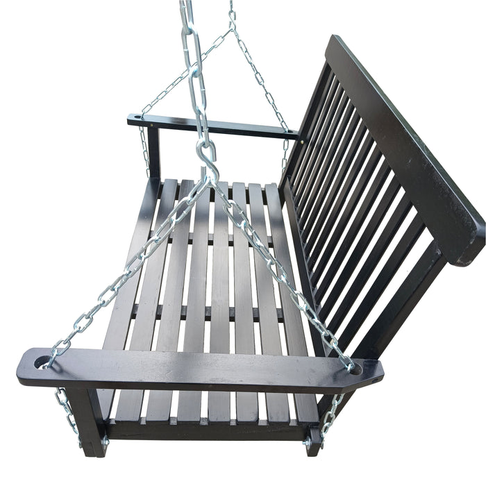 Front Porch Swing With Armrests, Wood Bench Swing With Hanging Chains, For Outdoor Patio, Garden Yard, Porch, Backyard, Or Sunroom, Easy To Assemble, Black