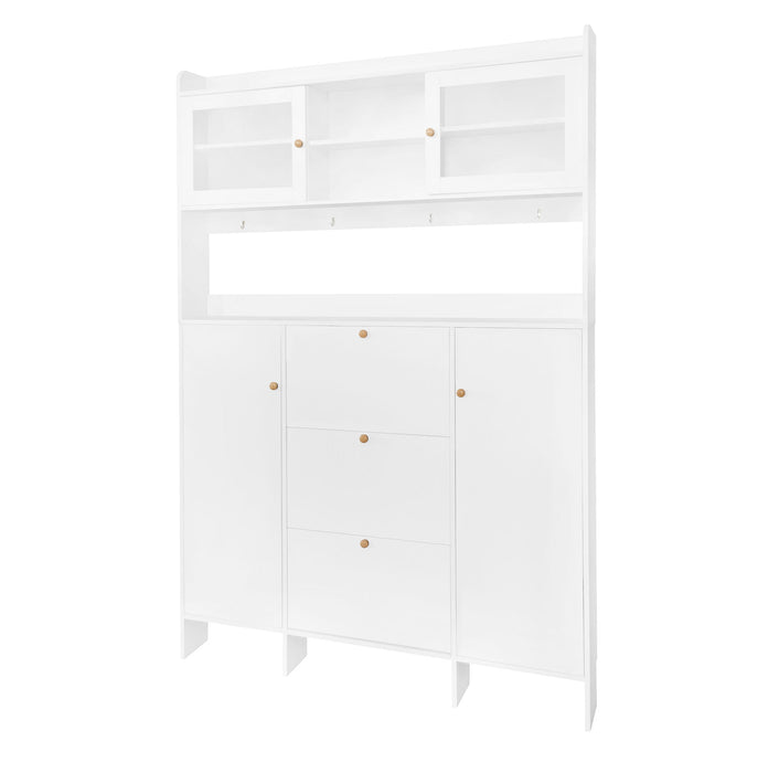 On-Trend Contemporary Shoe Cabinet With Open Storage Platform, Tempered Glass Hall Tree With 3 Flip Drawers, Versatile Tall Cabinet With 4 Hanging Hooks For Hallway, White