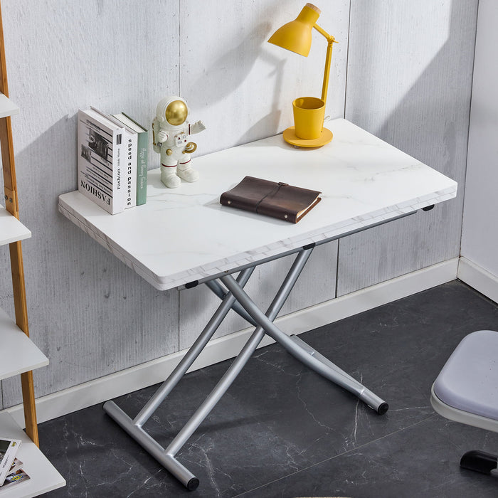 Modern Minimalist Multifunctional Lift Table With 08"MDF Desktop And Silver Metal Legs, Can Be Used As A Dressing Table, Coffee Table, Dining Table, And Office Table