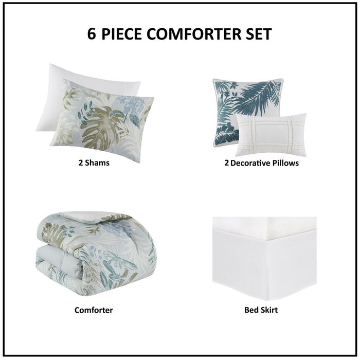 6 Piece Oversized Cotton Comforter Set With Throw Pillow, Blue