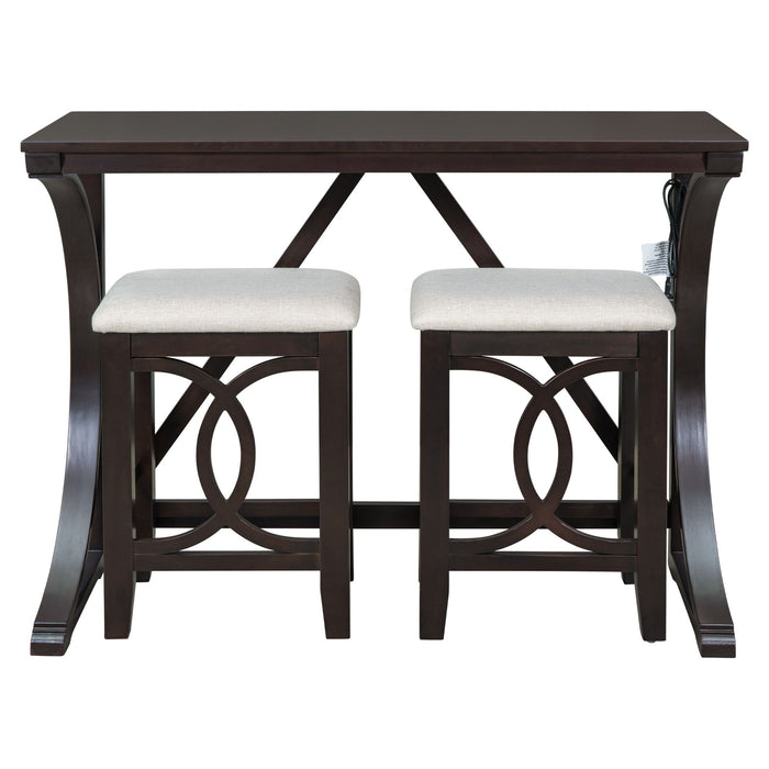 Topmax Farmhouse 3 Piece Counter Height Dining Table Set With USB Port And Upholstered Stools, Espresso