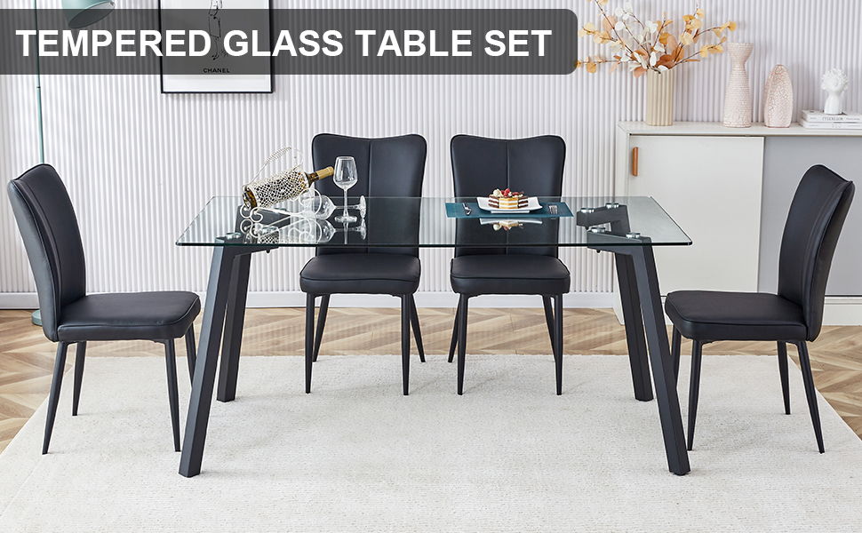 Table And Chair Set, 1 Table And 4 Black Chairs, Glass Dining Table With 0.31" Tempered Glass Tabletop And Black Coated Metal Legs, Equipped With Black PU Chairs