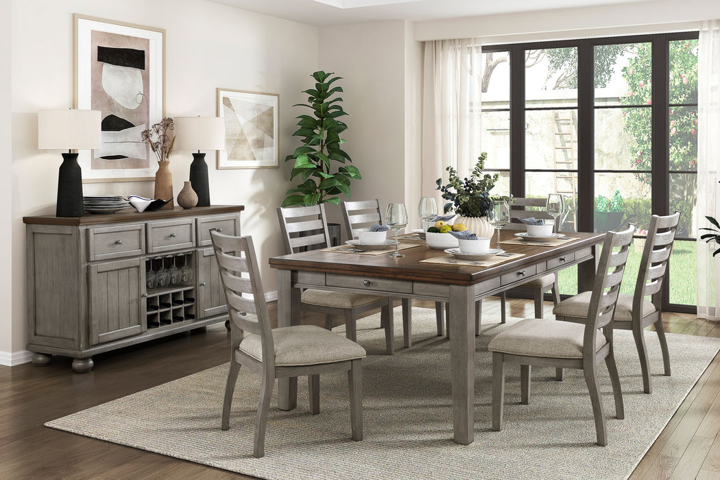 Gray Finish Traditional Style 7 Pieces Dining Set Drawers Table And 6 Side Chairs Ladder Back Design Wooden Furniture