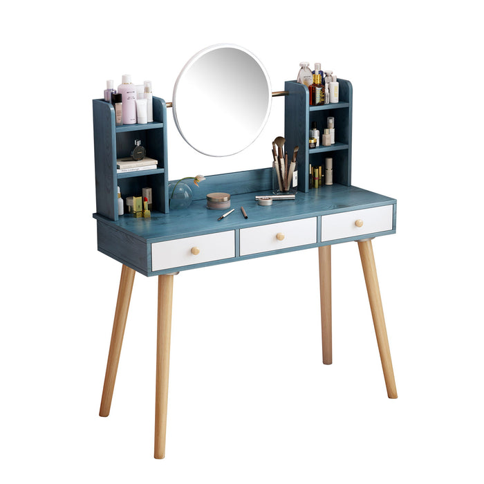 Fashion Vanity Desk With Mirror And Lights For Makeup Vanity Mirror With Lights With 3 Color Lighting Brightness Adjustable, 3 Drawers, Blue Color