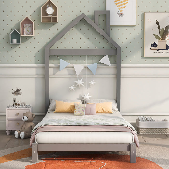 Twin Size Wood Platform Bed With House Shaped Headboard - (Gray)