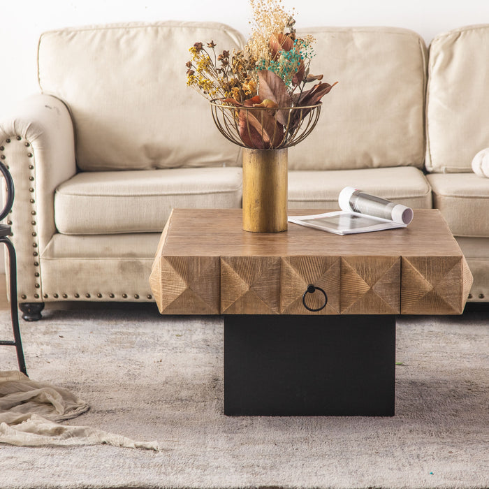 Three-Dimensional Embossed Pattern Square Retro Coffee Table With 2 Drawers And MDF Base