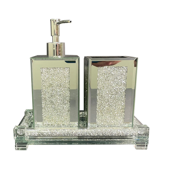 Ambrose Exquisite 3 Piece Square Soap Dispenser And Toothbrush Holder With Tray - Silver