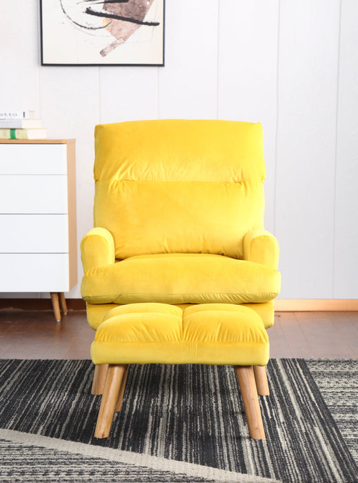 Soft Comfortable 1 Piece Accent Click Clack Chair With Ottoman Yellow Fabric Upholstered Oak Finish Legs Living Room Furniture
