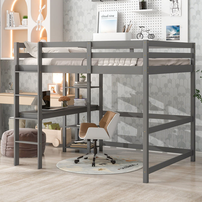 Full Loft Bed With Desk And Shelves - Gray