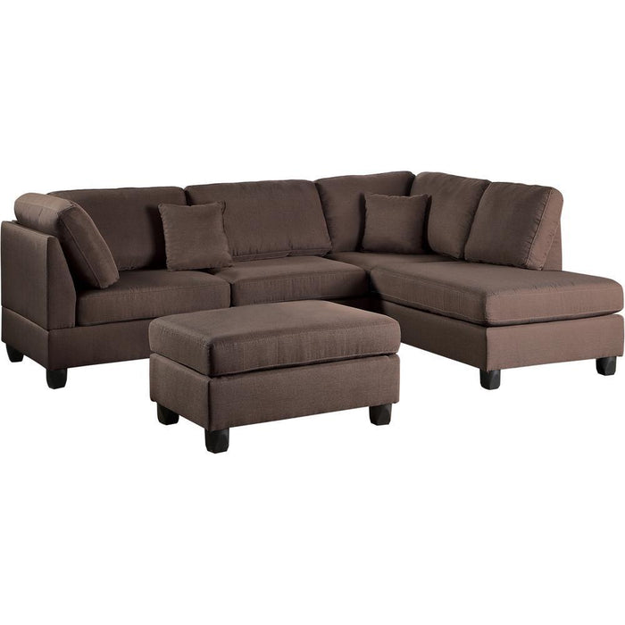 Chocolate Color 3 Pieces Sectional Living Room Furniture Reversible Chaise Sofa And Ottoman Polyfiber Linen Like Fabric Cushion Couch