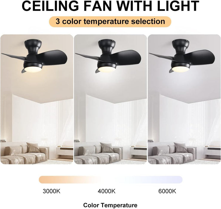 Bedroom Ceiling Fan With 3 Color Dimmable 3 Blades Remote Control Dc Motor Black With 18W LED Light