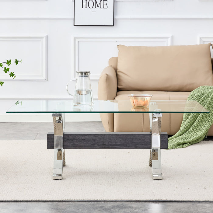 Tea Table.Dining Table.Contemporary Tempered Glass Coffee Table With Plating Metal Legs And Mdf Crossbar, For Home And Office