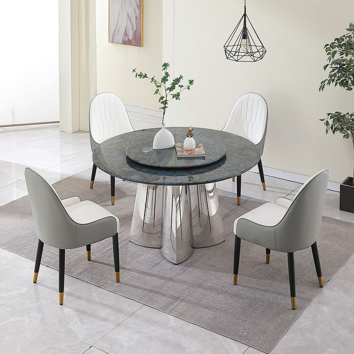Modern Sintered Stone Dining Table With 31 5" Round Turntable And Metal Exquisite Pedestal With 6 Pieces Chairs