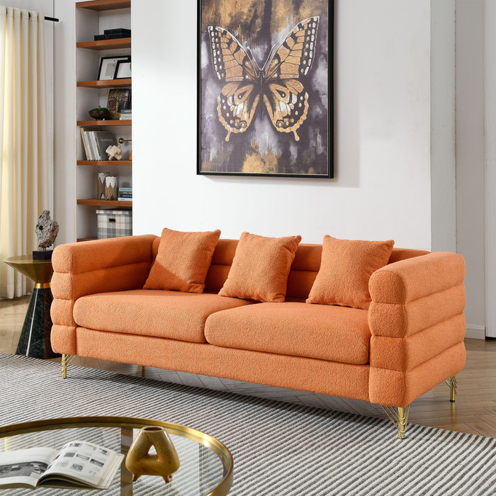 Oversized 3 Seater Sectional Sofa, Living Room Comfort Fabric Sectional Sofa-Deep Seating Sectional Sofa, Soft Sitting With 3 Pillows For Living Room, Bedroom, Office, Orange Teddy