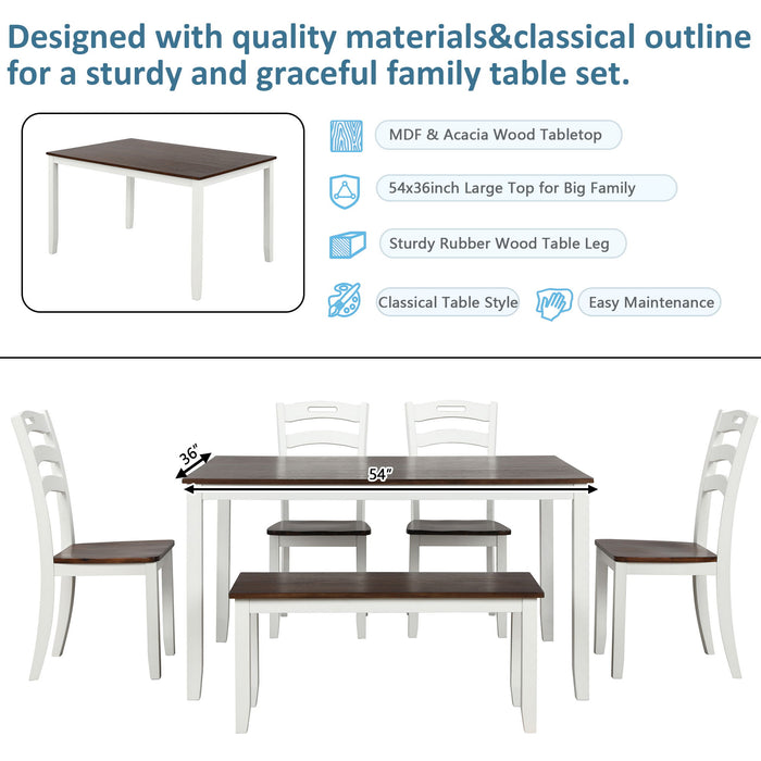 Topmax 6 Piece Dining Table Set With Bench, Table Set With Waterproof Coat, Ivory And Cherry