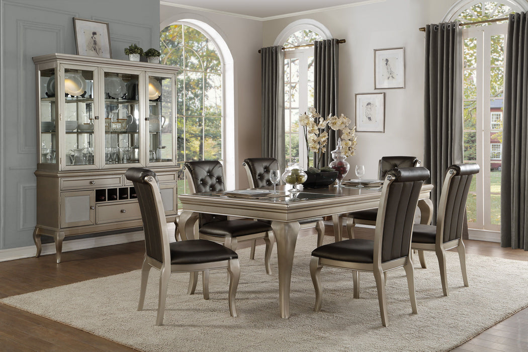 Modern Glam Silver Finish 7 Pieces Dining Set Table With Extension Leaf And 6 Side Chairs Crystal Button - Tufted Traditional Style Dining Furniture