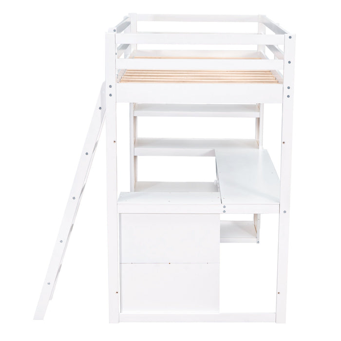 Twin Size Loft Bed With Ladder, Shelves, And Desk, White