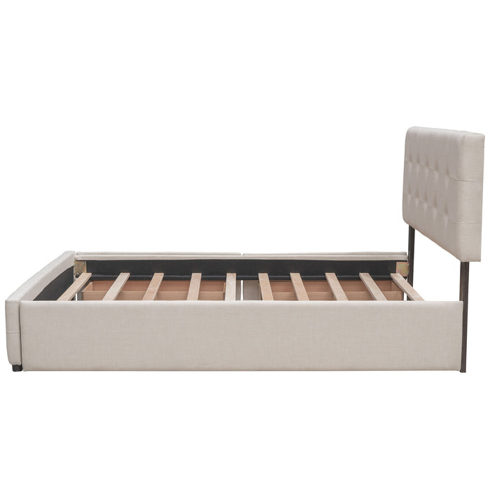 Upholstered Platform Bed With 2 Drawers And 1 Twin Long Trundle, Linen Fabric, Queen Size - Dark Beige