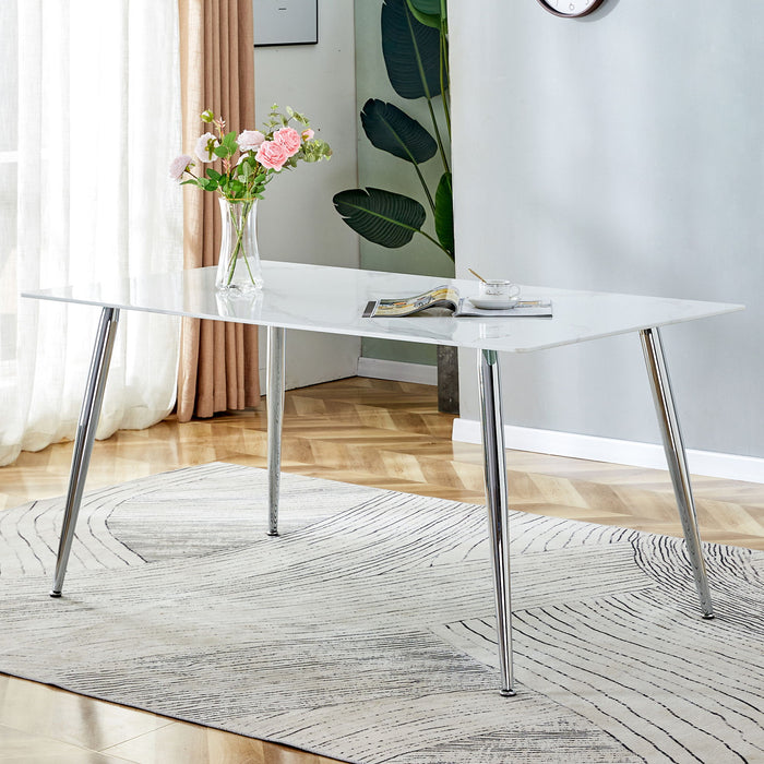 Modern Minimalist Rectangular Glass Dining Table With 0.4"White Imitation Marble Glass Sticker DeskTop And Silver Metal Legs, Suitable For Kitchens, Restaurants, And Living Rooms63"*35.4"*30"