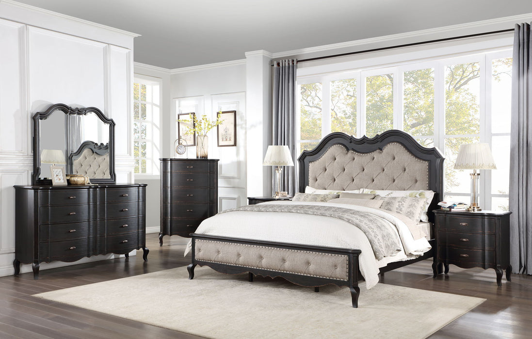 Acme Chelmsford California King Bed, Beige Fabric & Antique Black Finish