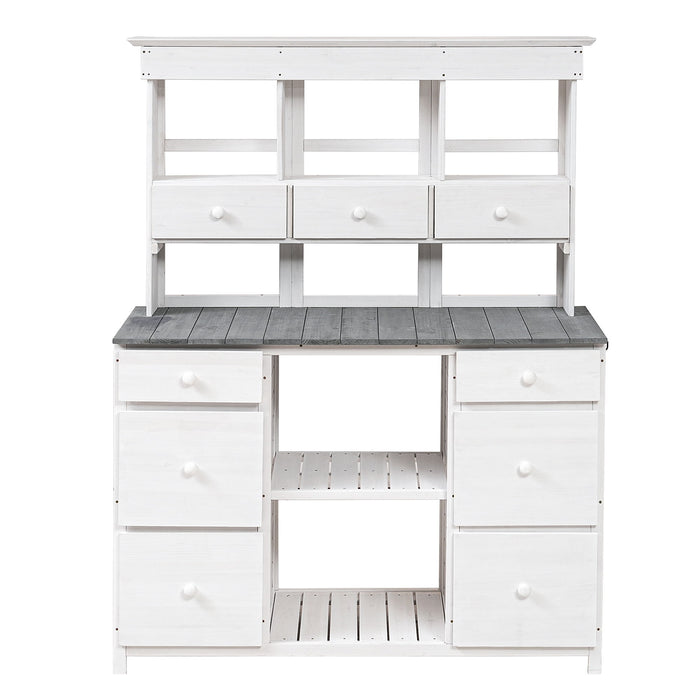 Topmax Garden Potting Bench Table, Rustic And Sleek Design With Multiple Drawers And Shelves For Storage, White And Gray