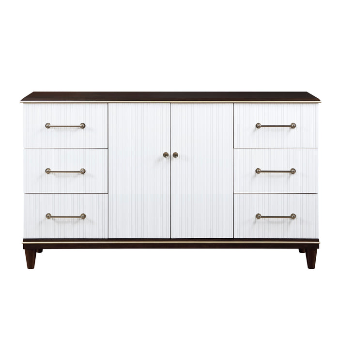 Contemporary White And Cherry Finish 1 Piece Dresser Of 6X Drawers 2X Shelves Modern Bedroom Furniture 2-Tone Finish With Gold Trim