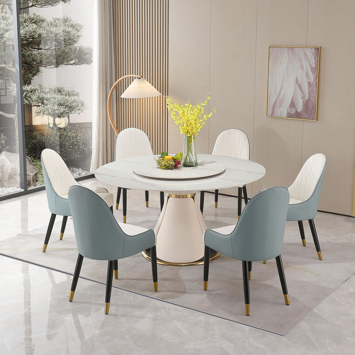 Modern Sintered Stone Dining Table With 31.5" Round Turntable With 6 Pieces Chairs
