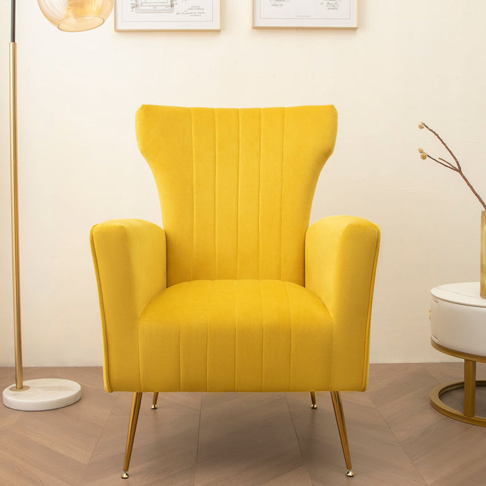 Velvet Accent Chair, Wingback Arm Chair With Gold Legs, Upholstered Single Sofa For Living Room Bedroom - Yellow