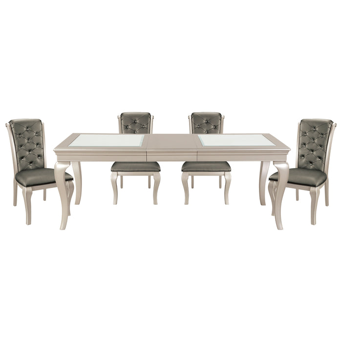 Crystal Button Tufted Side Chairs 2 Pieces Set Silver Finish Wood Frame Gray Faux Leather Upholstered Dining Furniture