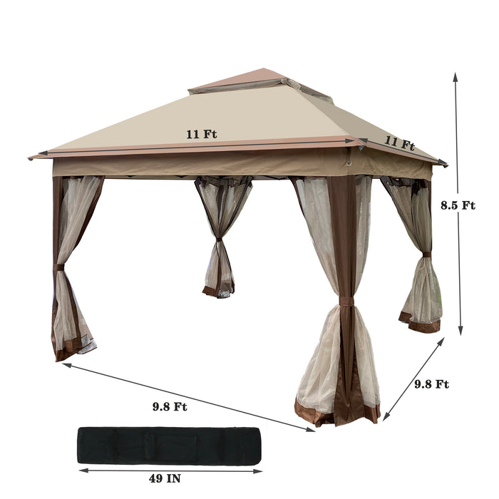 Outdoor 11X 11 Ft Pop Up Gazebo Canopy With Removable Zipper Netting, 2-Tier Soft Top Event Tent, Suitable For Patio Backyard Garden Camping Area, Coffee