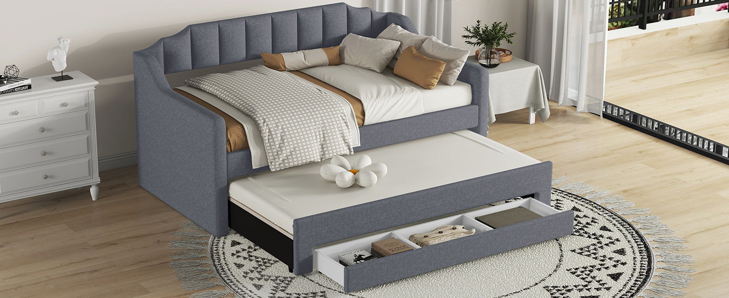 Twin Size Upholstered Daybed With Trundle And Three Drawers, Gray