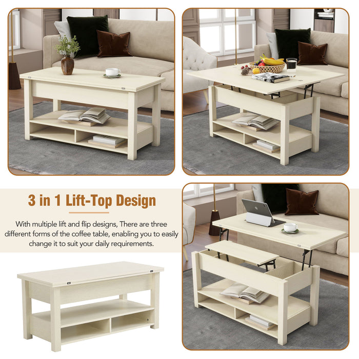 On-Trend Lift Top Coffee Table, Multi-Functional Coffee Table With Open Shelves, Modern Lift Tabletop Dining Table For Living Room, Home Office, Rustic Ivory