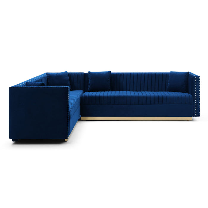 Contemporary Vertical Channel Tufted Velvet Sectional Sofa Modern Upholstered Corner Couch For Living Room Apartment With 4 Pillows, Blue