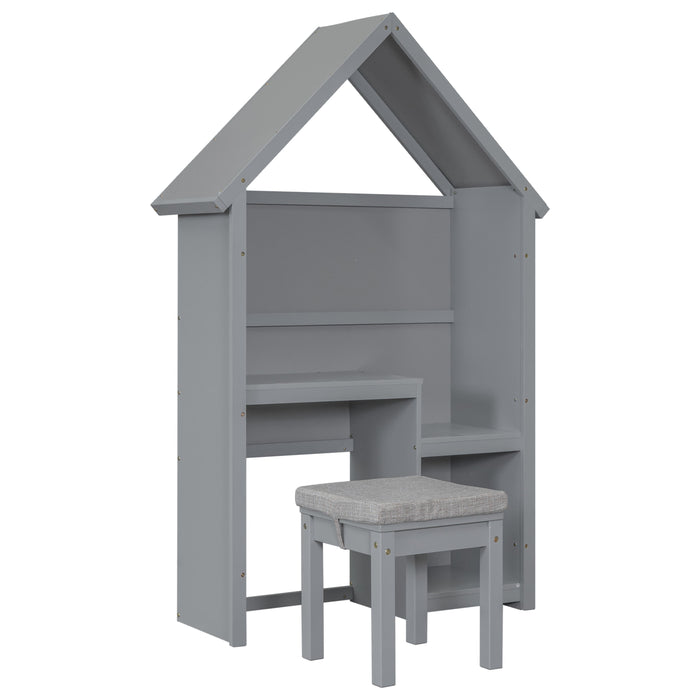 House-Shaped Desk With A Cushion Stooll, Grey