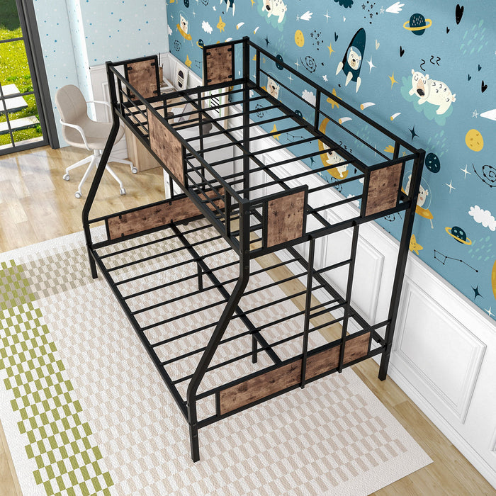 Twin Over Full Metal Bunk Bed, Heavy Duty Metal Bed Frame With Safety Rail, 2 Side Ladders & Decorative Wood, No Box Spring Needed