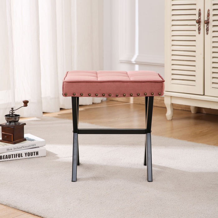 Fabric Upholstered Bench Ottoman Footstool Seat With X - Shaped Metal Legs (Pink)