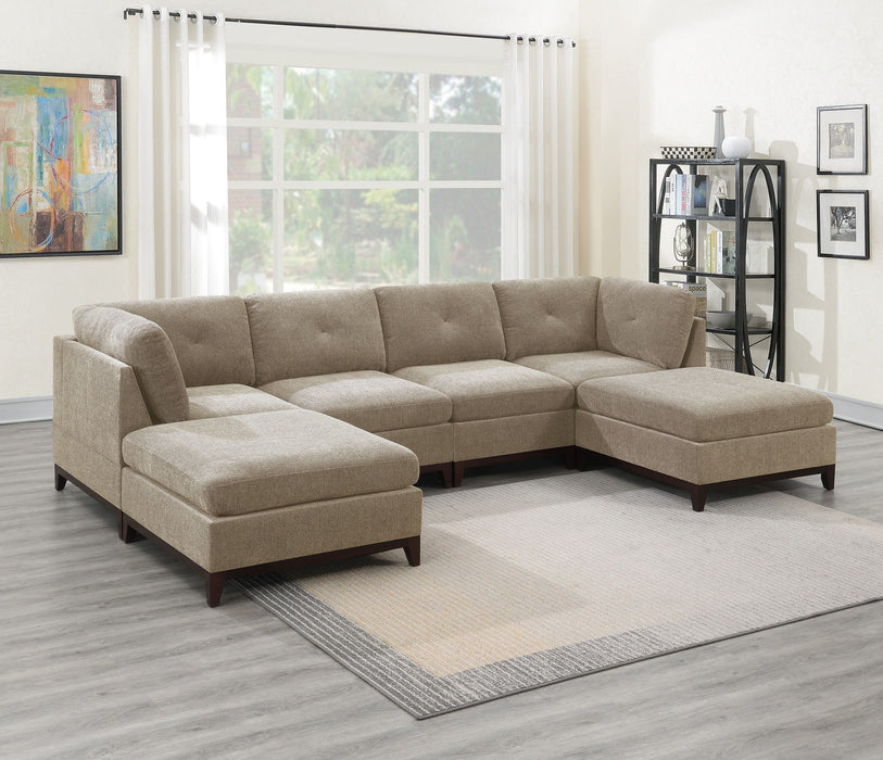 Camel Chenille Fabric Modular Sectional 6 Piece Set Living Room Furniture U-Sectional Couch 2 Corner Wedge 2 Armless Chairs And 2 Ottomans Tufted Back Exposed Wooden Base