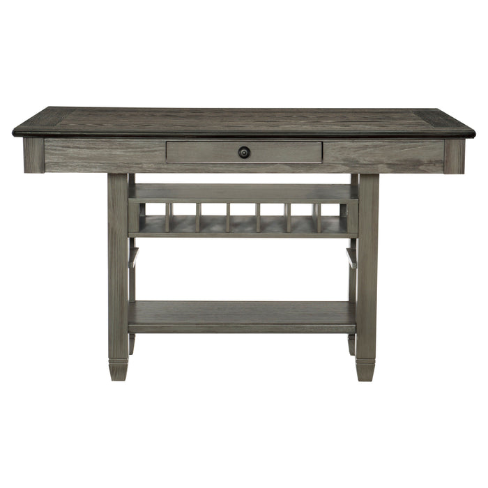 1 Piece Counter Height Table With 4 Drawers Wine Rack Display Shelf Transitional Dining Furniture Antique Gray And Coffee Finish Storage Table