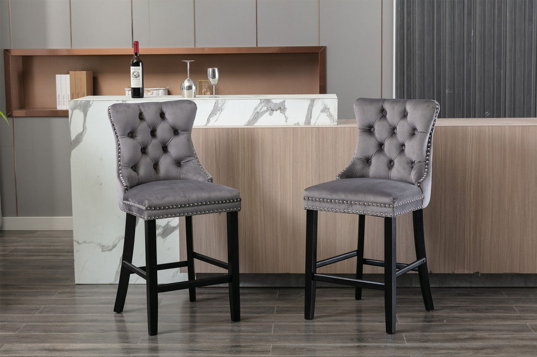 A&A Furniture, Contemporary Velvet Upholstered Barstools With Button Tufted Decoration And Wooden Legs, And Chrome Nailhead Trim, Leisure Style Bar Chairs, Bar Stools, (Set of 2) - Gray