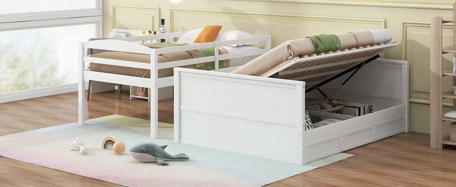 Wood Twin Over Full Bunk Bed With Hydraulic Lift Up Storage, White
