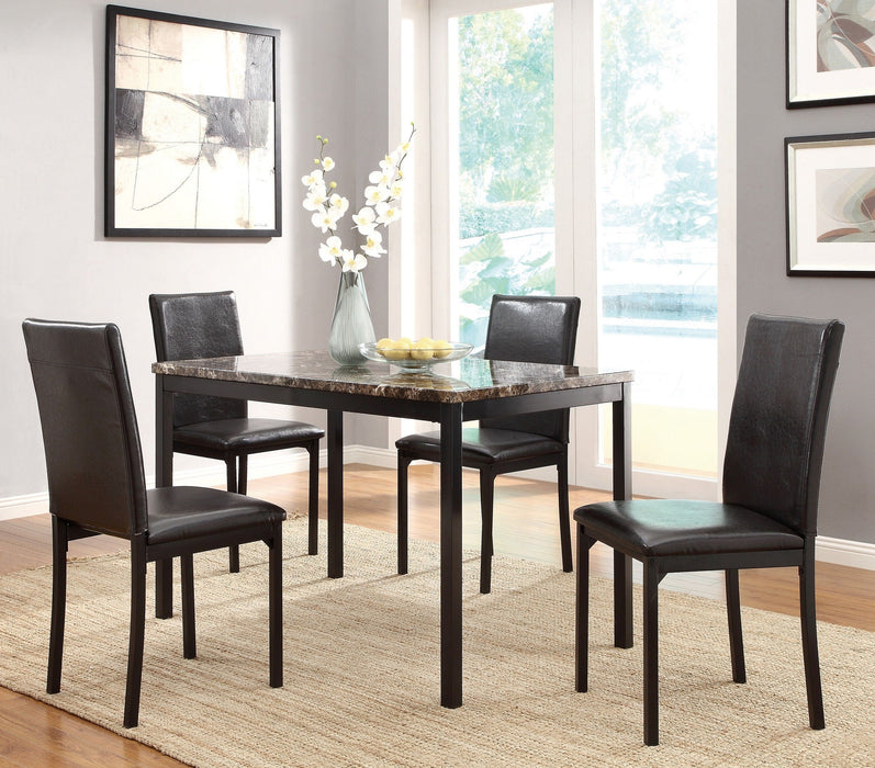 Black Metal Finish 5 Pieces Dining Set Faux Marble TableTop And 4 Side Chairs Transitional Small Dining Room Furniture