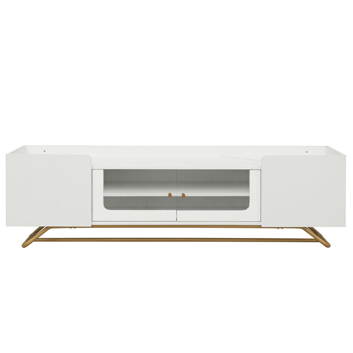 On-Trend Sleek Design TV Stand With Fluted Glass, Contemporary Entertainment Center For Tvs Up To 65", Faux Marble Top TV Console Table With Gold Frame Base, White