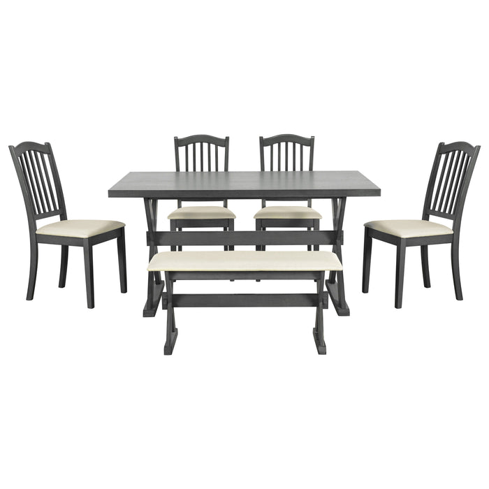 Trexm 6 Piece Rustic Dining Set, Rectangular Trestle Table And 4 Upholstered Chairs & Bench For Dining Room (Gray)