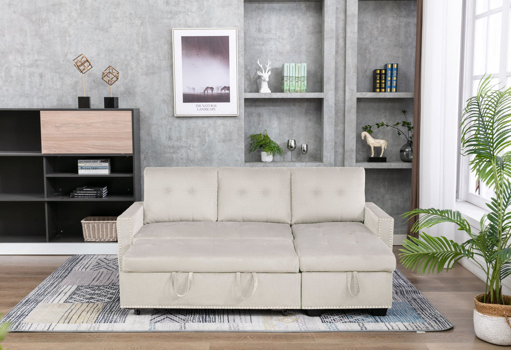 Reversible Sectional Storage Sleeper Sofa Bed, L Shape 2 Seat Sectional Chaise With Storage, Skin - Feeling Velvet Fabric, Beige Color For Living Room Furniture