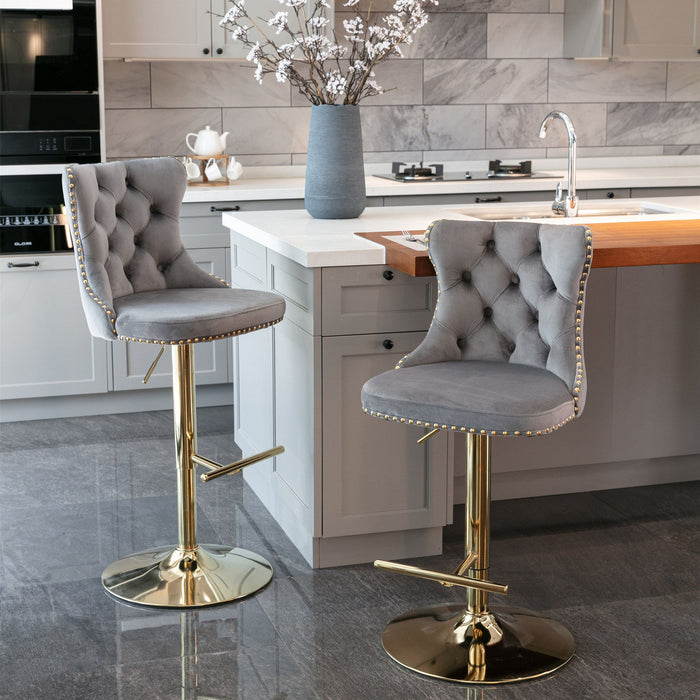 Golden Swivel Velvet Barstools AdjUSAtble Seat Height From 25 - 33", Modern Upholstered Bar Stools With Backs Comfortable Tufted For Home Pub And Kitchen Island (Gray, (Set of 2)