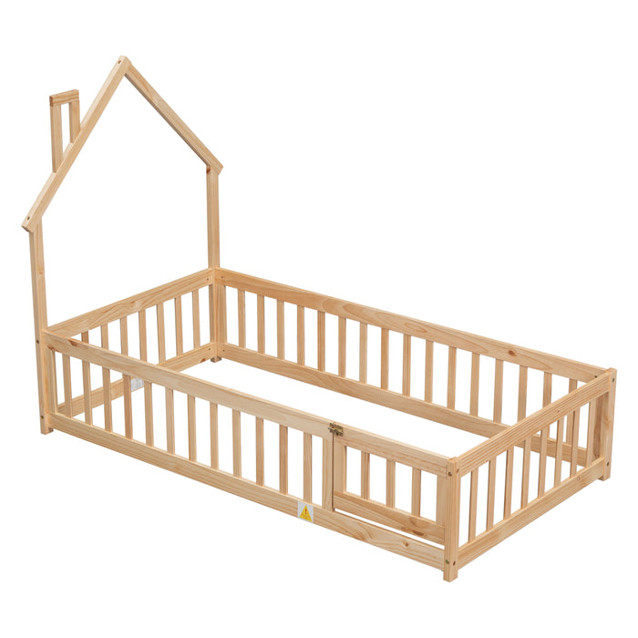 Twin House Shaped Headboard Floor Bed With Fence, Natural