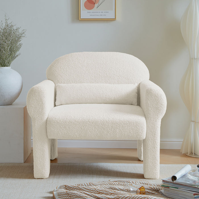 Modern Lambs Wool Fabric Accent Chair With Lumbar Pillow For Living Room - Antique White