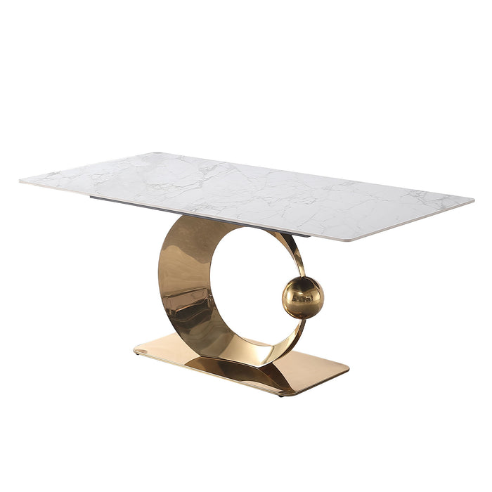 Stone Diningtable With Carrara White Color And Round Special Shape Stainless Steel Gold Pedestal Base