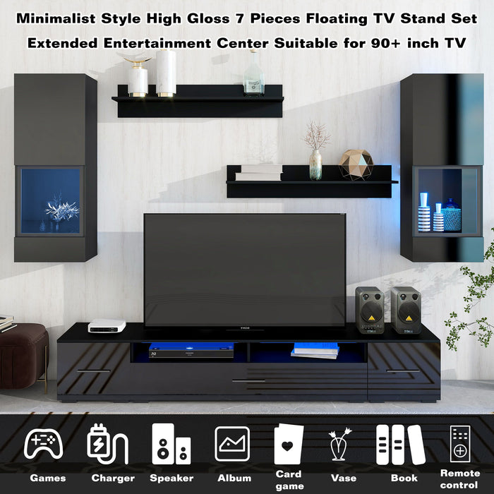On-Trend Extended, Minimalist Style 7 Pieces Floating TV Stand Set, High Gloss Wall Mounted Entertainment Center With 16 - Color LED Light Strips For 90 /" TV, Black